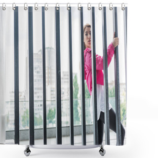 Personality  Attractive Stylish Asian Woman Standing Near Metal Fence And Looking Away At Urban Street Shower Curtains