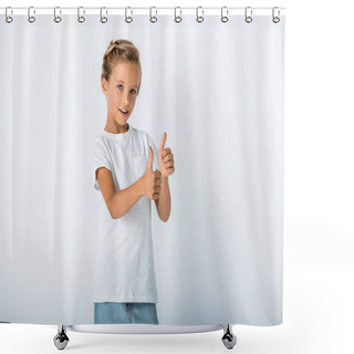 Personality  Cheerful Kid Looking At Camera And Showing Thumb Up On White  Shower Curtains