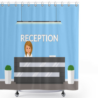 Personality  Reception In Modern Office. Business Office, Clinic Or Hotel Interior In Blue Colors With Flowers And Reception Desk. Interior Lobby Or Waiting Room Inside Building. Vector Illustration In Flat Style. Shower Curtains