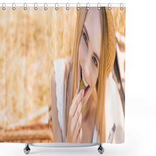 Personality  Horizontal Image Of Young Woman In Summer Outfit Eating Ripe Grape And Looking At Camera In Meadow Shower Curtains