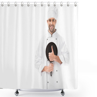 Personality  Smiling Young Chef Holding Frying Pan And Showing Thumb Up Isolated On White Shower Curtains