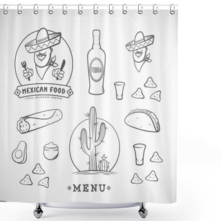 Personality  Mexican Food Vector Illustrations Set With Logo Template For Restaurant Menu, Cafe, Meal Delivery. Smiling Man In Traditional Sombrero, Tacos, Burritos, Tequila, Etc. Shower Curtains