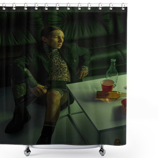Personality  A Man Is Seated On A Couch Beside A Table Shower Curtains