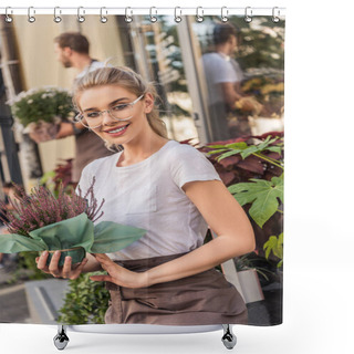 Personality  Beautiful Florist Holding Potted Plant Near Flower Shop And Looking At Camera Shower Curtains