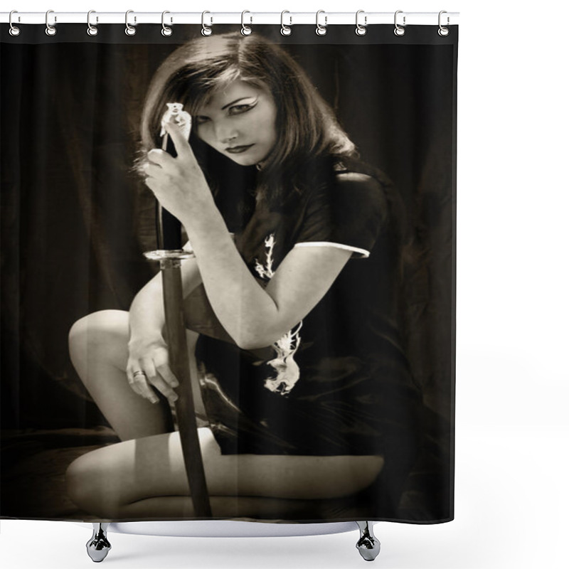 Personality  Siting Woman And Katana Swords In Her Hands. Black And White Shower Curtains