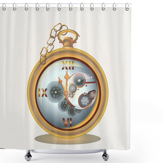 Personality  Old Pocket Watch On Golden Chain. Vector Illustration. Shower Curtains