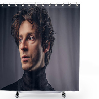 Personality  Portrait Of A Charismatic Sensual Male In Black Sweater. Creative Personality. Isolated On A Dark Background. Shower Curtains