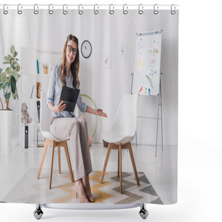 Personality  Happy Child Psychologist With Clipboard Pointing At Seat And Looking At Camera Shower Curtains