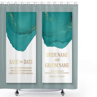 Personality  Modern Abstract Luxury Wedding Invitation Design Or Card Templates For Birthday Greeting Or Certificate Or Cover With Green Watercolor Waves Or Fluid Art In Alcohol Ink Style With Gold On A White. Shower Curtains