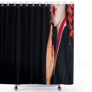 Personality  Partial View Of Beautiful Geisha In Black And Red Kimono Waving Hand Isolated On Black, Panoramic Shot Shower Curtains