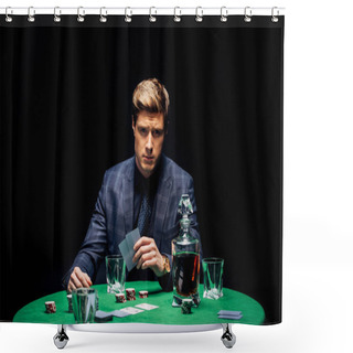 Personality  KYIV, UKRAINE - AUGUST 20, 2019: Selective Focus Of Man Holding Playing Cards Isolated On Black  Shower Curtains