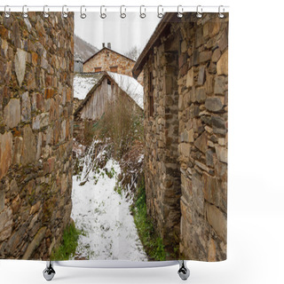 Personality  Snowy Stone Streets And Buildings In A Picturesque Town In The Spanish Province Of Len, Called Colinas Del Campo Shower Curtains
