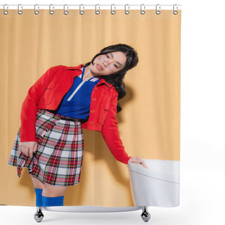 Personality  Young Asian Model In Vintage Clothes Looking At Camera Neat Bathtub On Orange Background Shower Curtains