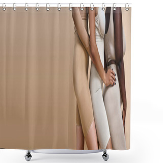 Personality  Cropped View Pus Size Multicultural Female Models In Underwear On Beige Backdrop, Horizontal Banner Shower Curtains