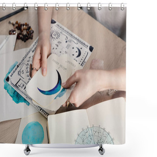 Personality  Cropped View Of Astrologer Holding Cards With Watercolor Drawings By Birth Chart With Zodiac Sign On Table Shower Curtains