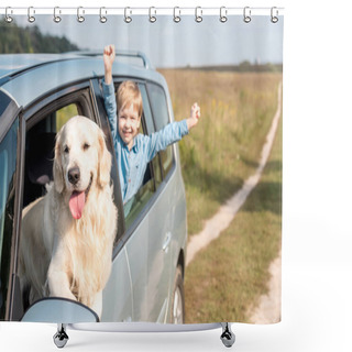 Personality  Happy Little Kid Riding Car With His Golden Retriever Dog In Field Shower Curtains