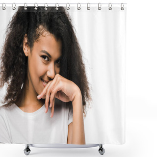 Personality  Curly African American Girl Covering Face With Hand And Looking At Camera Isolated On White  Shower Curtains