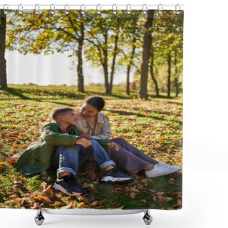 Personality  Motherly Love, Happy African American Woman And Son Sitting On Grass With Golden Leaves, Autumn Shower Curtains