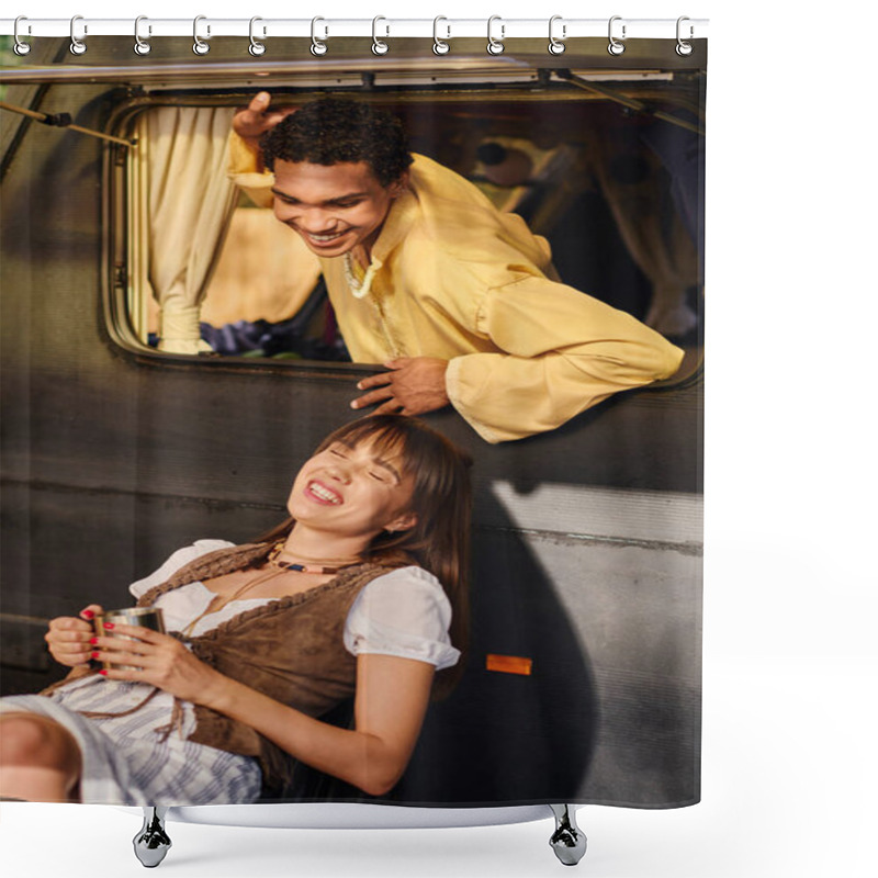 Personality  Interracial Couple Enjoys A Romantic Journey On The Back Of A Van, Surrounded By Natures Beauty. Shower Curtains