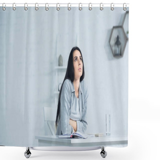Personality  Worried Businesswoman Looking Up And Breathing While Sitting At Desk In Office Shower Curtains