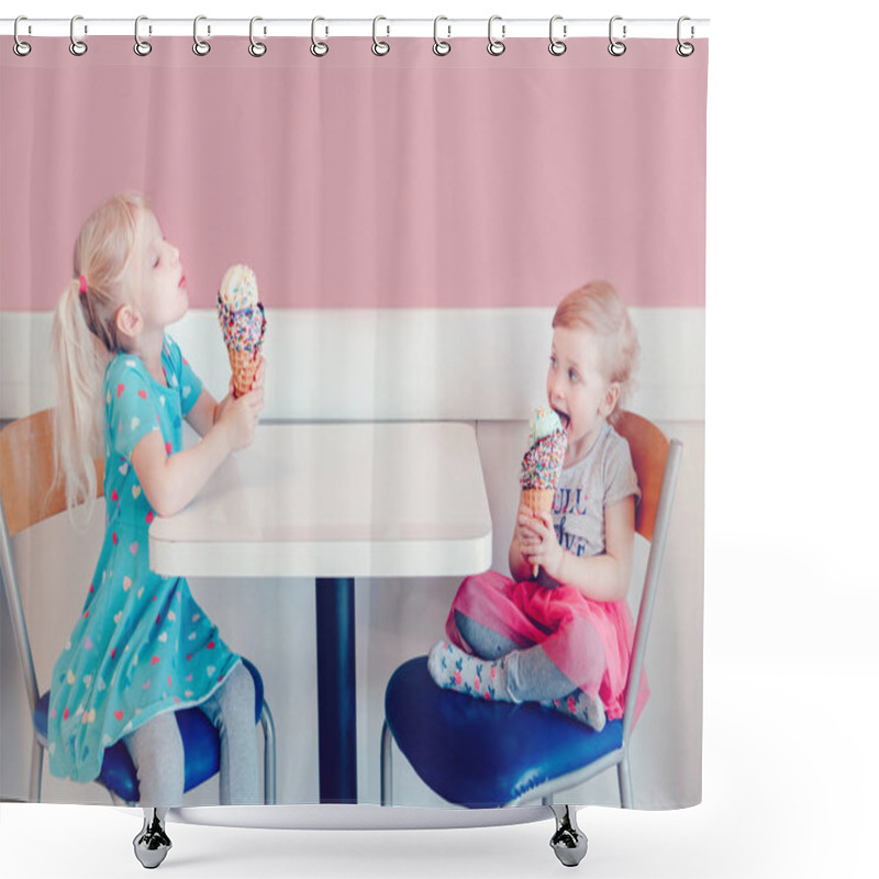 Personality  Lifestyle Portrait Of Two Happy Caucasian Cute Adorable Funny Children Girls Sitting Together Bragging Boasting Their Ice-cream. Love Envy Jealous Sisters Friendship. Tasty Yummy Summer Food Shower Curtains