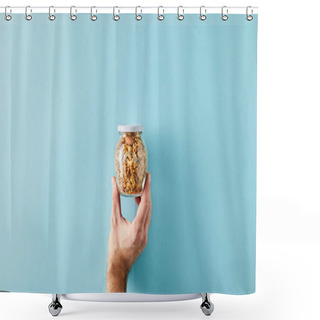Personality  Cropped View Of Man Holding Jar Of Granola On Blue Background Shower Curtains