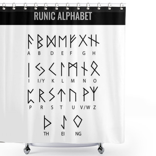 Personality  Runic Alphabet And Its Latin Letter Interpretation. Vector Illustration. Shower Curtains