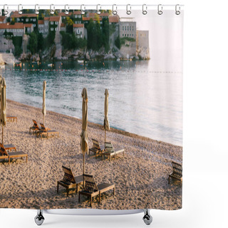 Personality  Wooden Loungers With Beach Umbrellas On A Sandy Beach In Montenegro, Near The Island Of Sveti Stefan. Shower Curtains