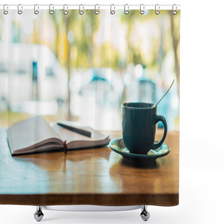 Personality  Cup Of Coffee And Open Notebook With Pen On Wooden Table In Cafe Shower Curtains