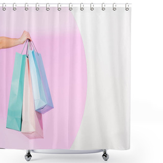 Personality  Cropped View Of Young Woman Holding Colorful Shopping Bags On White With Pink Circle Shower Curtains