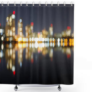 Personality  Blurred Dark Cityscape With Illuminated Buildings, Reflection And Bokeh Lights At Nighttime Shower Curtains
