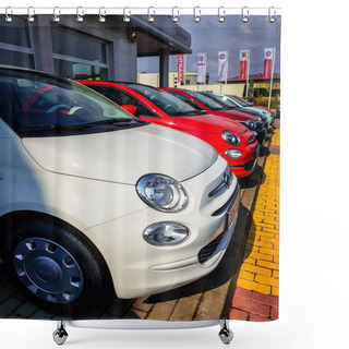 Personality  Gdansk, Poland - July 18, 2018: Fiat 500 Car At  The Fiat Showroom Of Gdansk, Poland. Fiat 500 Is Small European Car Manufactured In Italy. Shower Curtains
