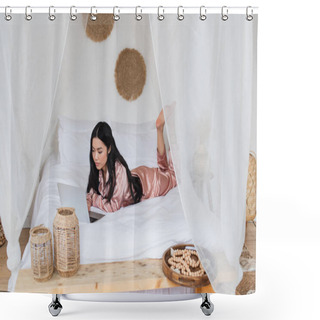 Personality  Young Asian Woman Lying On White Bed With Laptop In Bedroom Shower Curtains