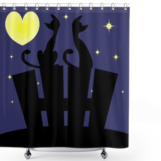 Personality  Cat Couple Under The Moon Illustration Shower Curtains