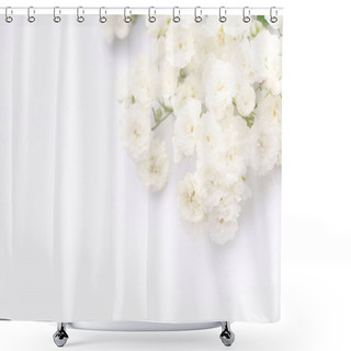 Personality  Sprigs Of Small Roses White On White Background, Copy Space. Minimal Style Flat Lay. For Greeting Card, Invitation. March 8, February 14, Birthday, Valentine's, Mother's, Women's Day Concept. Shower Curtains