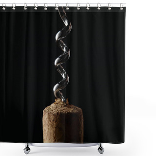 Personality  Close Up View Of Wooden Cork And Steel Corkscrew Isolated On Black Shower Curtains