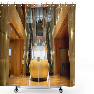 Personality  Modern Hotel Interior With Round Reception Desk And Sophisticated Lobby Design, Escalators, Moving Staircase, Luxurious Ambience, Spacious And Comfort, Classy And Chic, Banner  Shower Curtains