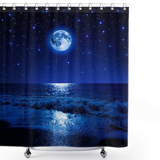 Personality  Super Moon In Starry Sky On Sea Beach Shower Curtains