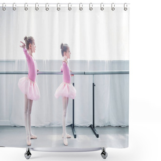 Personality  Side View Of Beautiful Little Kids In Pink Tutu Skirts Practicing Ballet In Ballet Studio Shower Curtains