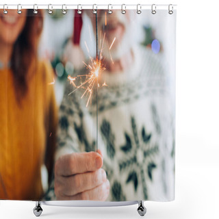 Personality  Selective Focus Of Senior Man Holding Sparkler Near Daughter Shower Curtains