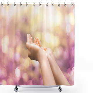 Personality  Woman Hands Place Together Like Praying In Front Of Nature Green  Background. Shower Curtains