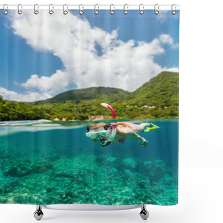 Personality  Split Underwater Photo Of A Little Girl Snorkeling In Tropical Ocean Enjoying Summer Vacation On Exotic Island In Caribbean Shower Curtains