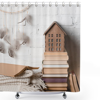 Personality  Books, Dream Catcher And Decorative Wooden House Near White Brick Wall  Shower Curtains