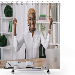 Personality  Happy African American Businesswoman Smiling And Showing Victory Sign Shower Curtains