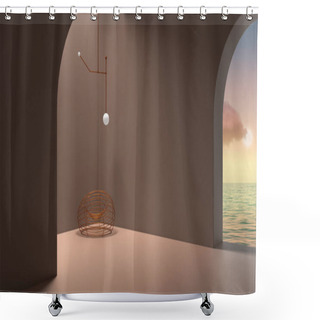 Personality  Imaginary Fictional Architecture, Interior Design Of Empty Space With Arched Window, Copper Armchair, Lamp, Concrete Rosy Walls, Terrace With Sunrise Sunset Sky Sea Panorama Shower Curtains
