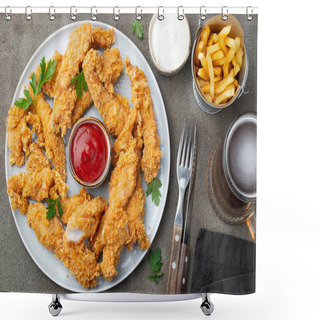 Personality  Breaded Chicken Strips With Two Kinds Of Sauces, Fried Potatoes And Beer On A Wooden Board. Fast Food On Dark Brown Background. Top View. Shower Curtains