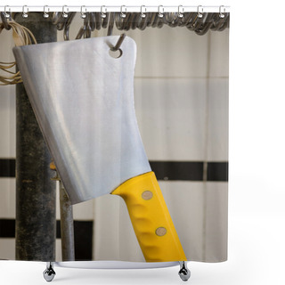 Personality  Close Up Of Large Cleaver Hanging On Metal Hooks Shower Curtains