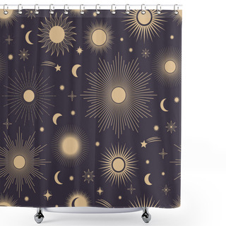 Personality  Hand Drawn Seamless Pattern Of Different Sun, Moon, Sunburst, Stars. Celestial Space Vector. Magic Space Galaxy Sketch Illustration For Greeting Card, Invitation, Wallpaper, Wrapping Paper, Fabric Shower Curtains