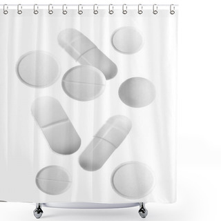 Personality  Different Falling Pills On White Background Shower Curtains