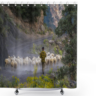Personality  Halidzor, Armenia - July 01, 2017: Beautiful Scene With Shepherd And A Flock Of Sheep On A Dirt Road In Armenian Mountains Shower Curtains